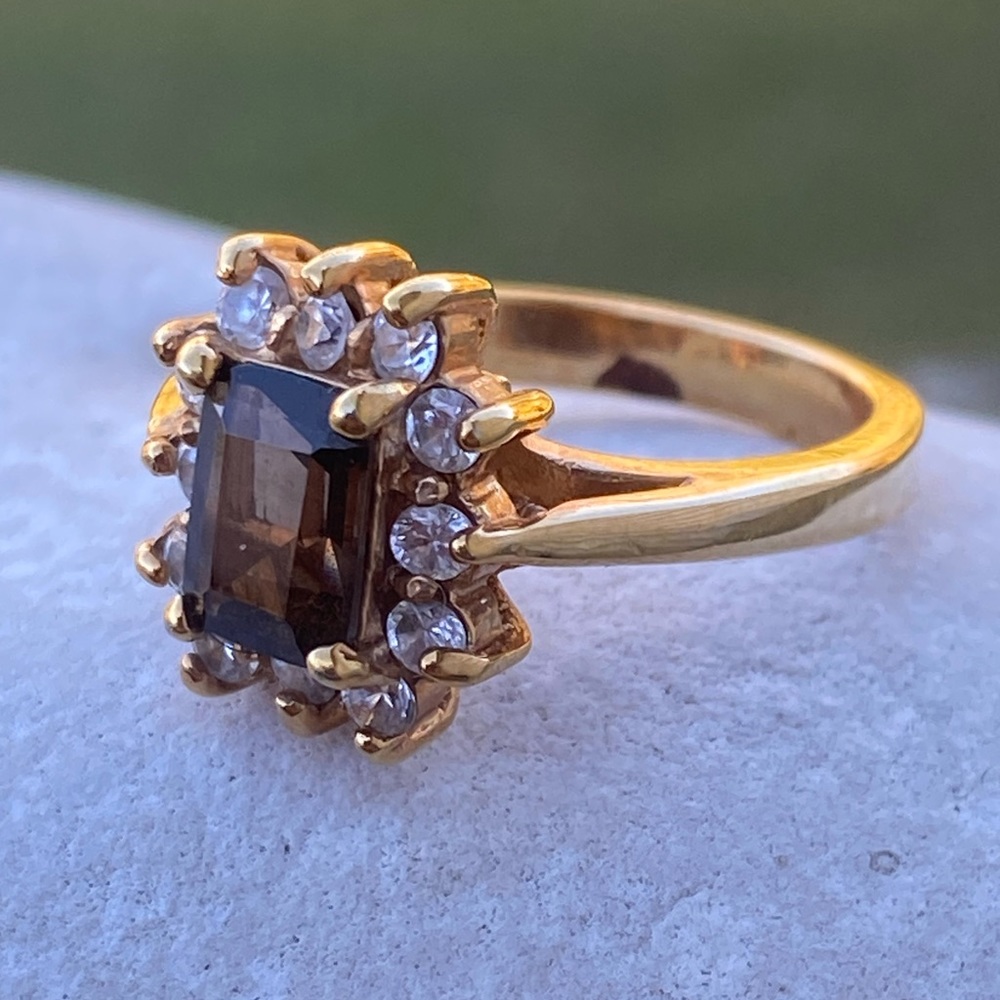 Smoky topaz color CZ gold plated ring size 6.5